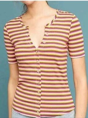 Maeve Anthropologie Ribbed Striped V-Neck Button-Up Tee | Y2K Fitted Baby Tee M